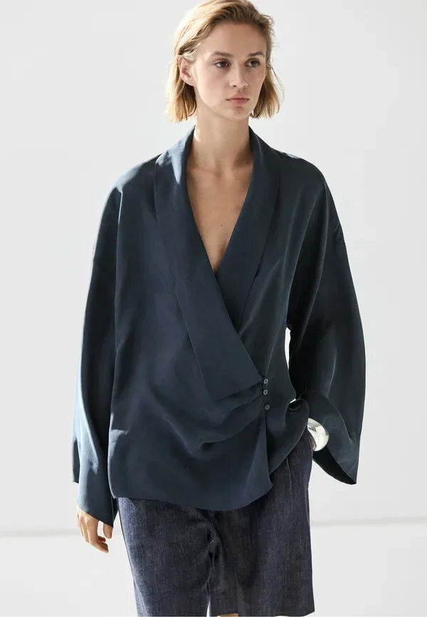 Блуза из купро, Plain, Blouse, Massimo Dutti, mottled dark blue, темно-синий