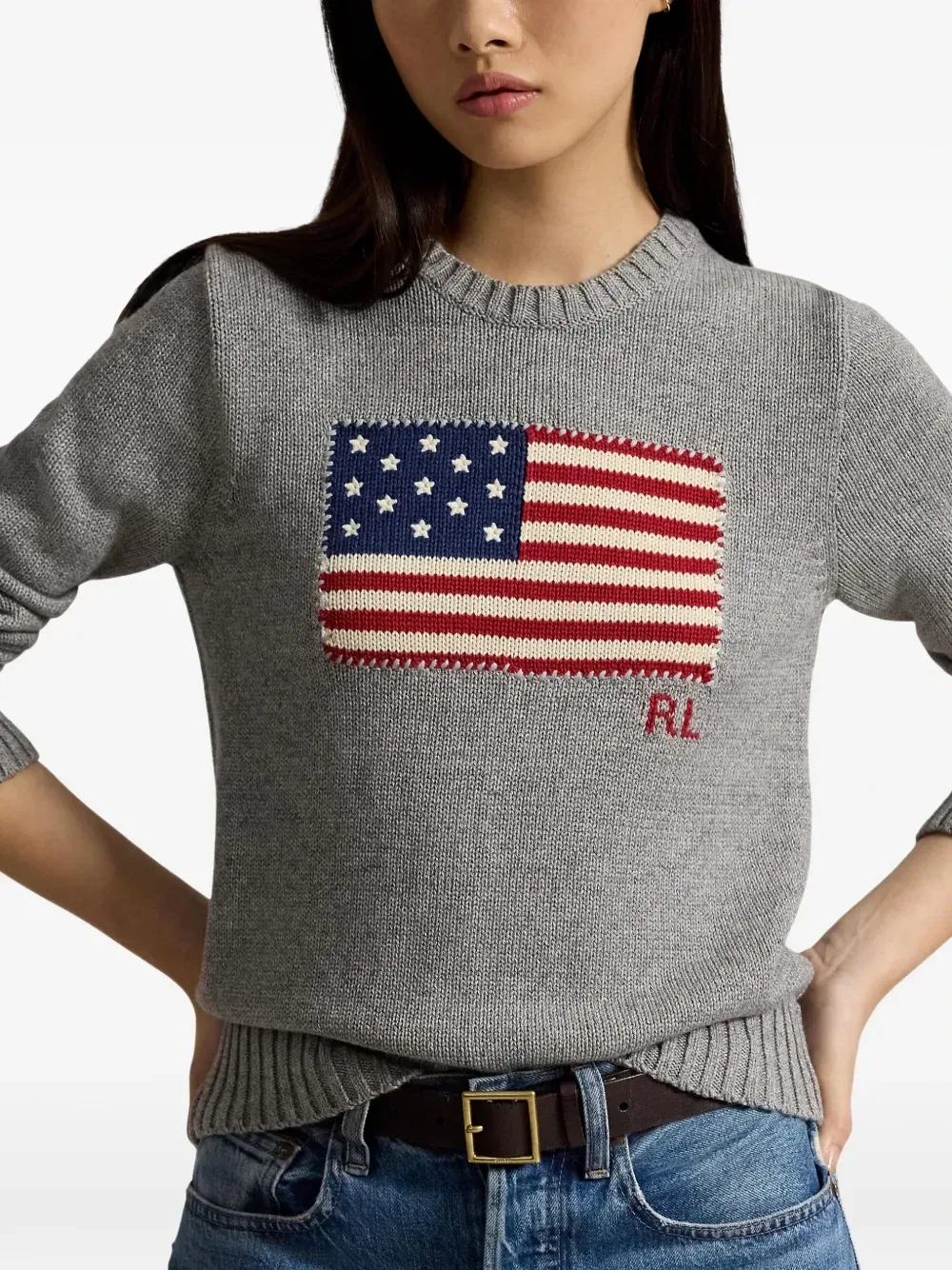Хлопковый джемпер с круглым вырезом и флагом POLO RALPH LAUREN, серый — фото 3