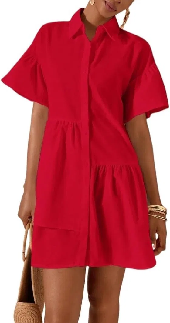 Женское повседневное платье с рюшами и ярусами Short Sleeve, Red — фото 2