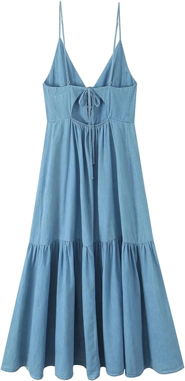 Женское свободное платье макси V-образным вырезом, Blue — фото 3