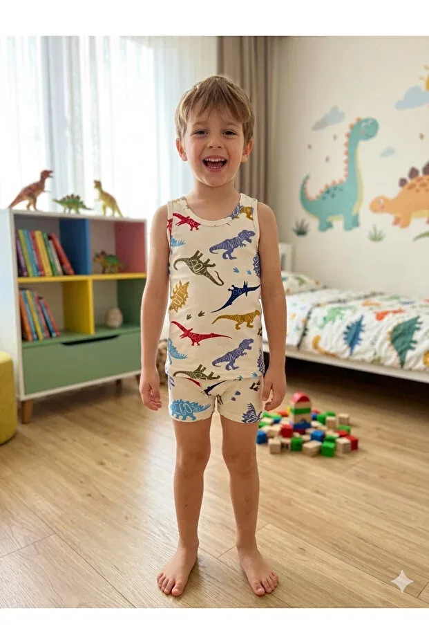Детский комплект для мальчиков хлопковый с принтом динозавров Elmas Kids, Ecru