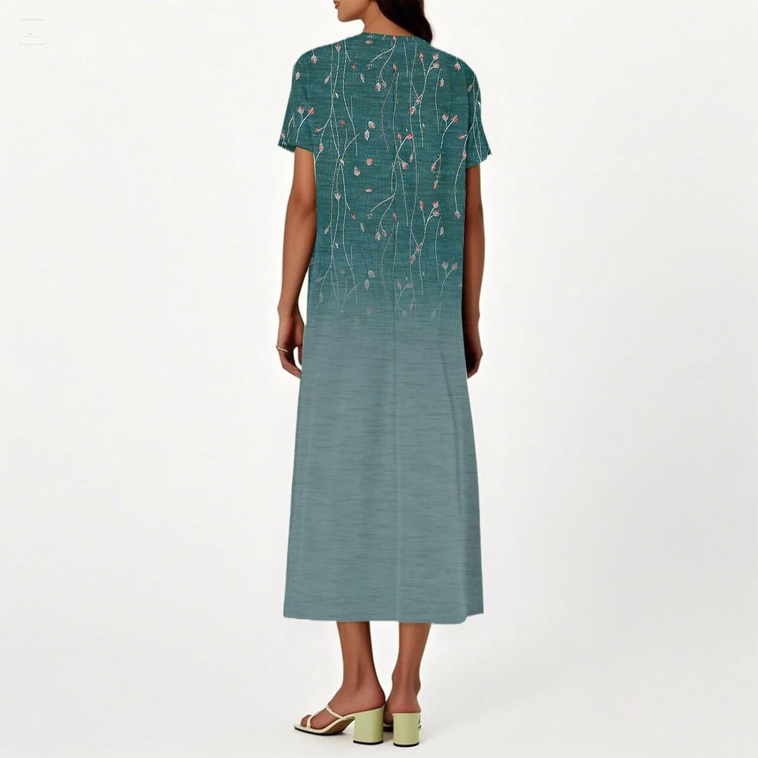 Женское макси-платье из льняного хлопка с V-образным вырезом, Flowy Casual Boho, T74-cyan — фото 3