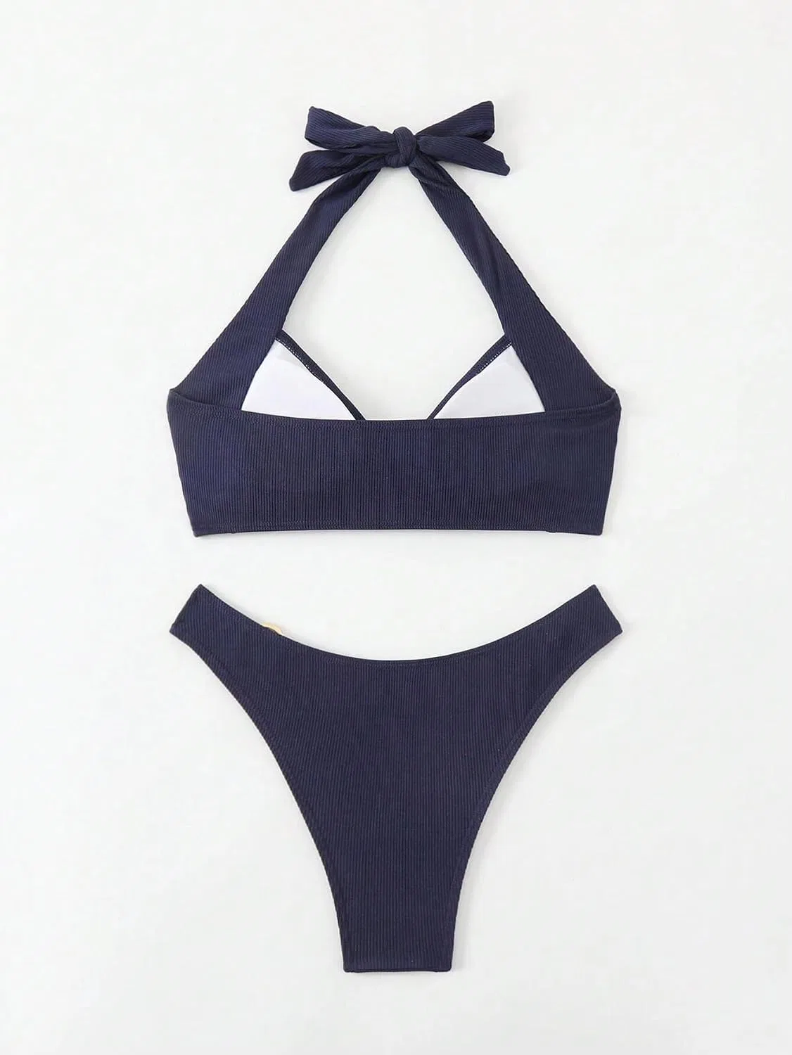 Женский бикини-сет с высокой талией и завязками на шее, Navy Blue — фото 4