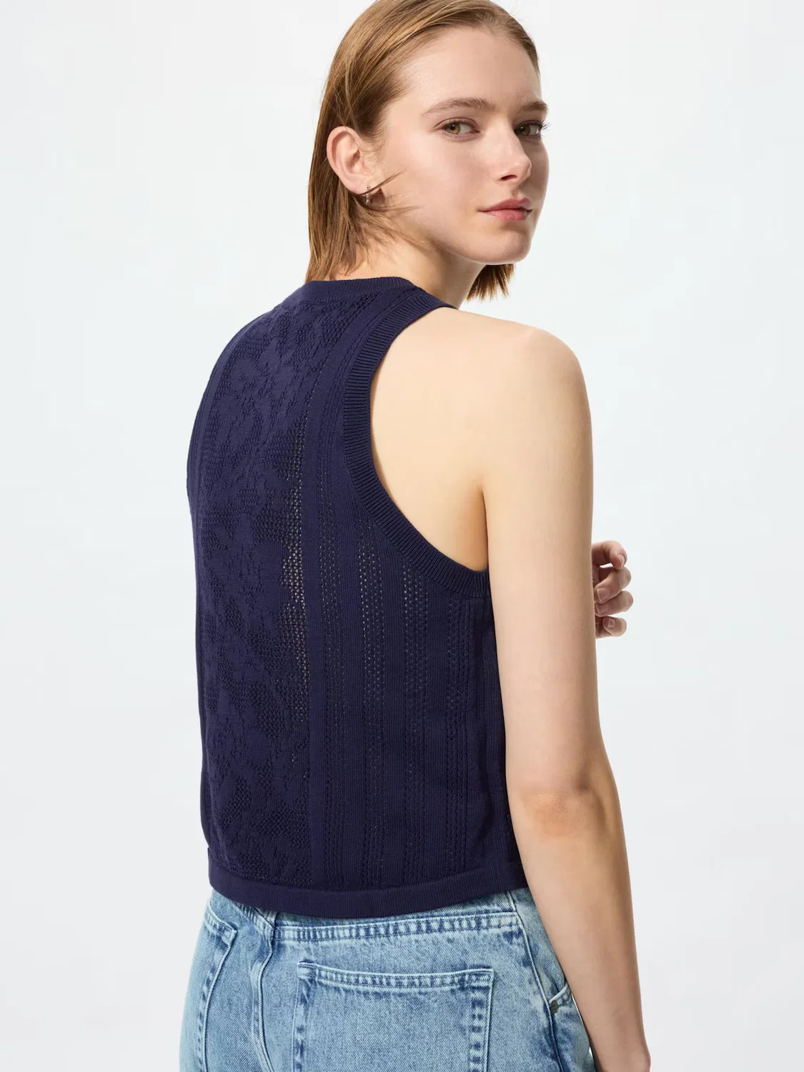 Свитер без рукавов Uniqlo, вязаный хлопковый, синий — фото 3