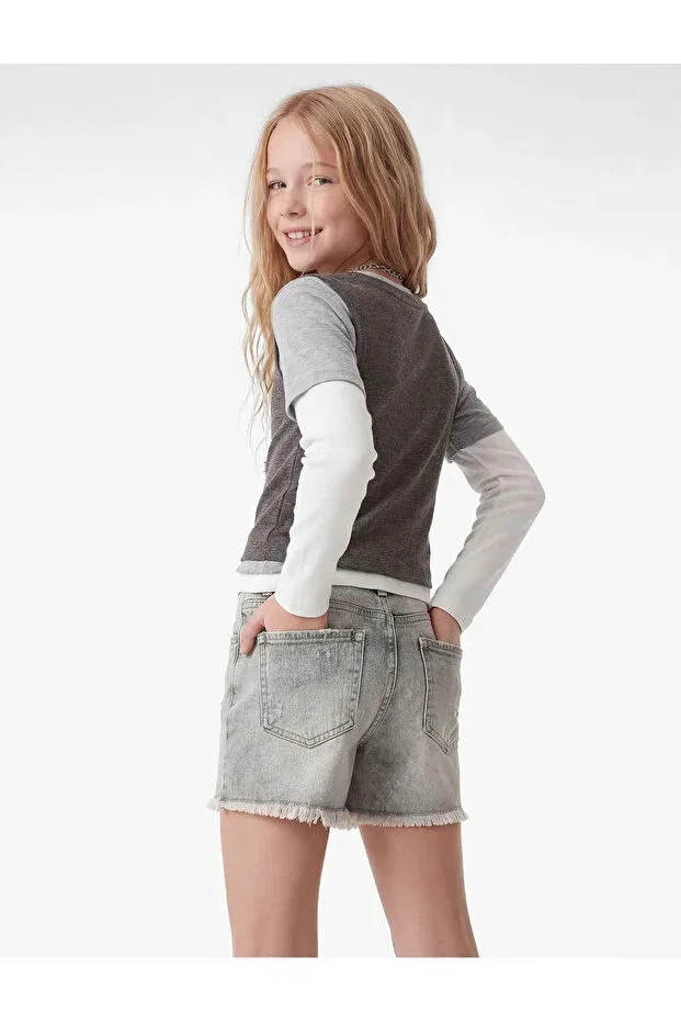 Детские шорты для девочек хлопковые Tasseled cuffed cotton jean gray girls' shorts Koton, Gray — фото 2