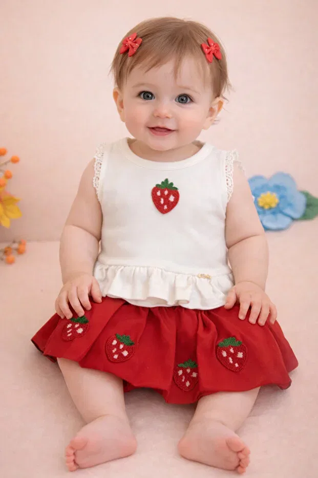 Детский комплект для девочек с вышивкой клубники Santralbebe, Red
