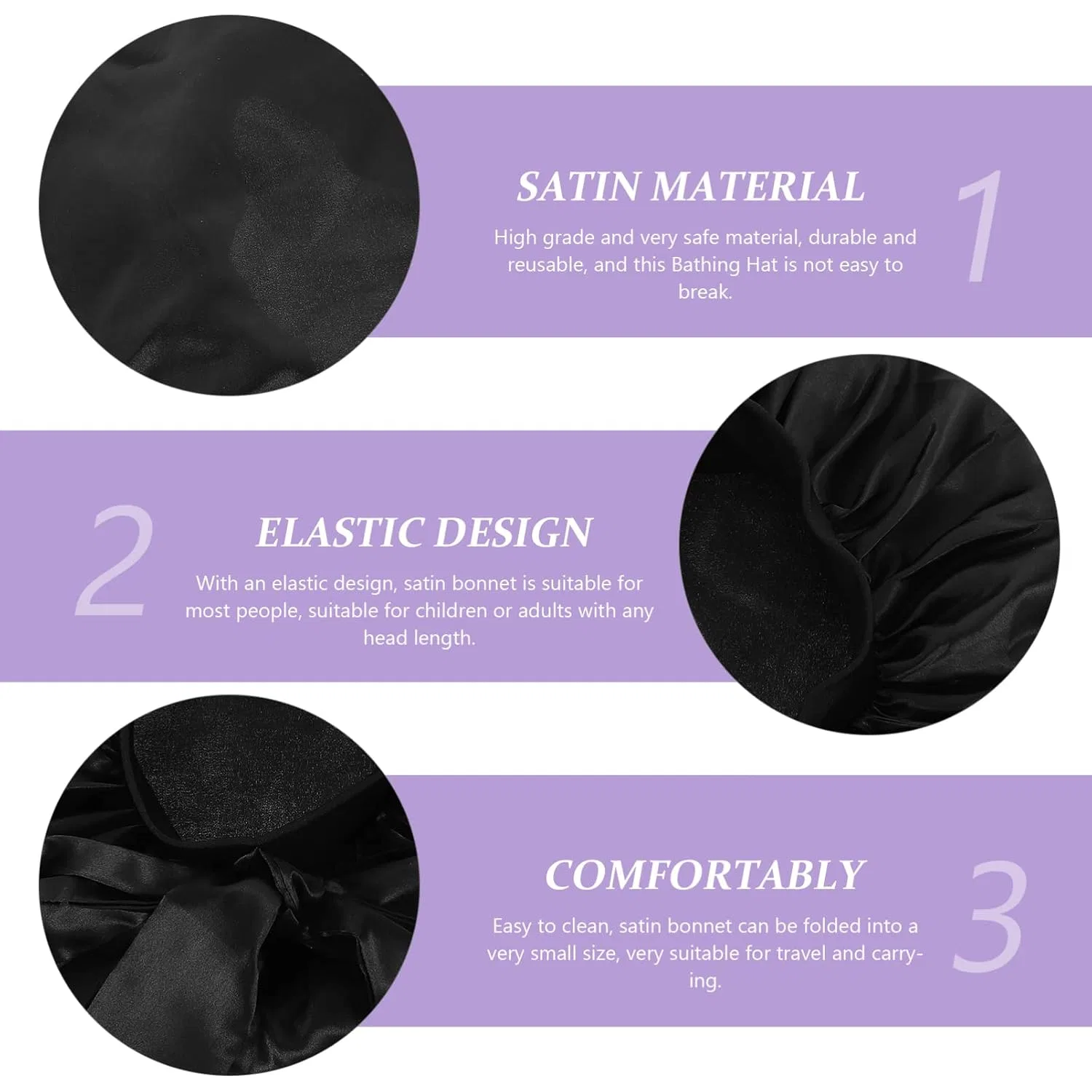 Шапочка для душа Satin Bonnet, FRCOLOR, набор 3 шт, 42x42 см, Black — фото 2