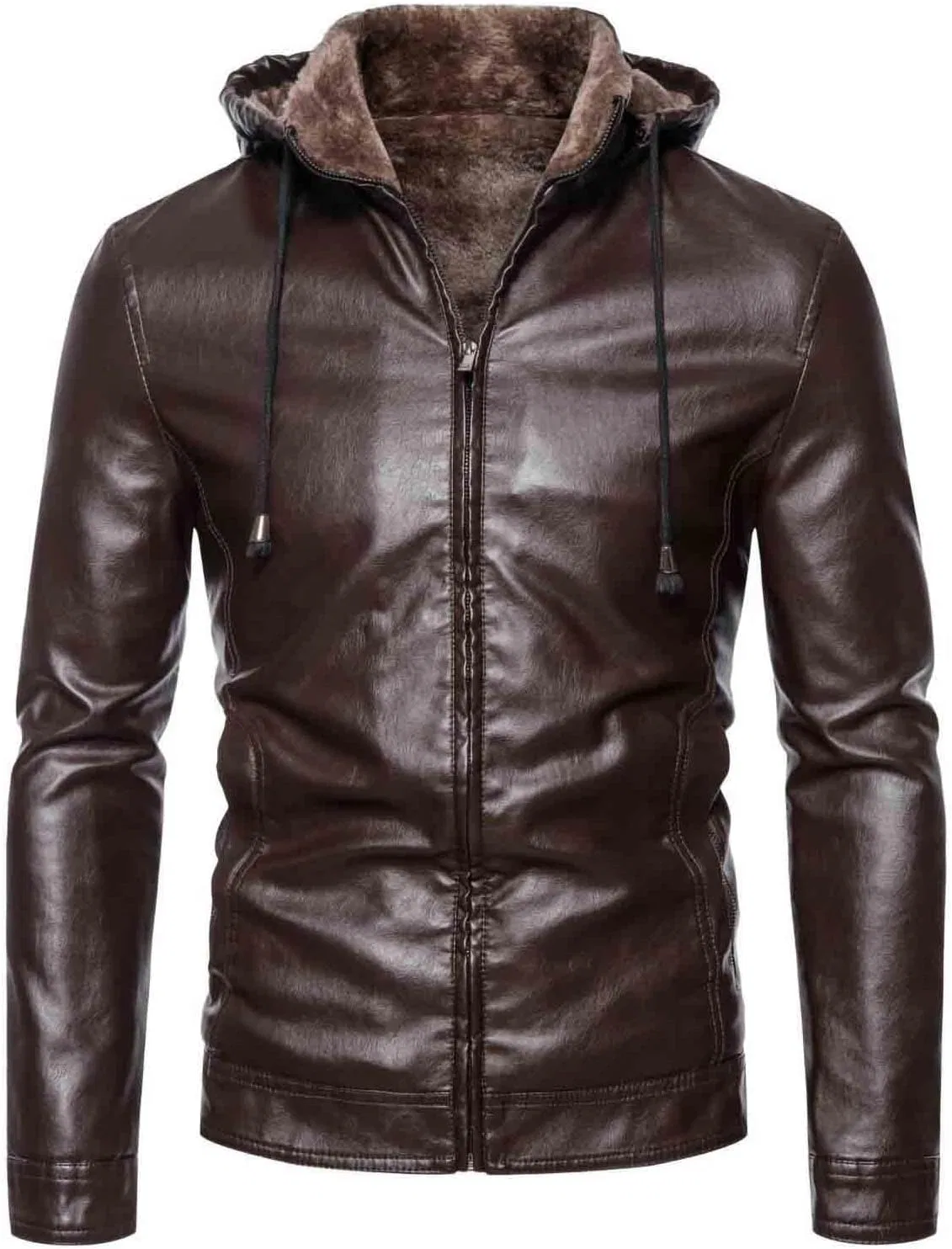 Мужское пальто из экокожи с подкладкой, Slim Fit, коричневый — фото 2