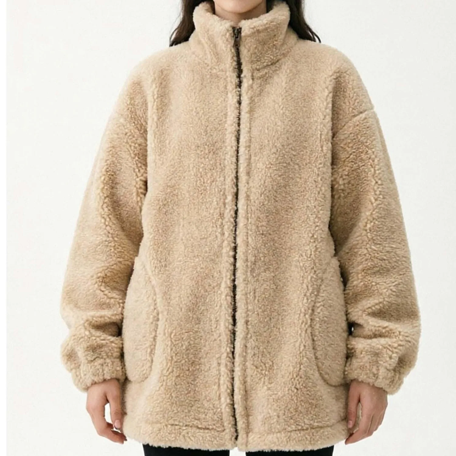 Женское пальто из флиса с длинным рукавом, модель Oversize, бренд, Beige — фото 2