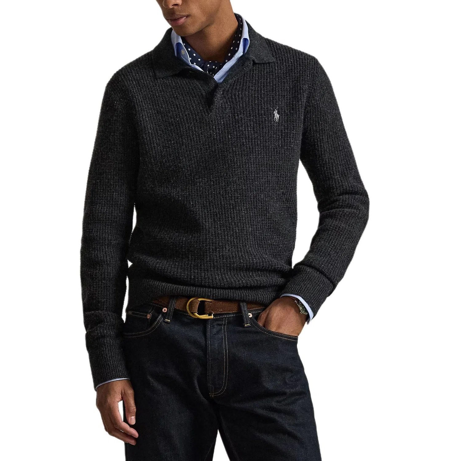 Мужской свитер поло с вафельным вязанием Polo Ralph Lauren, Dark Color Granite Heather — фото 3