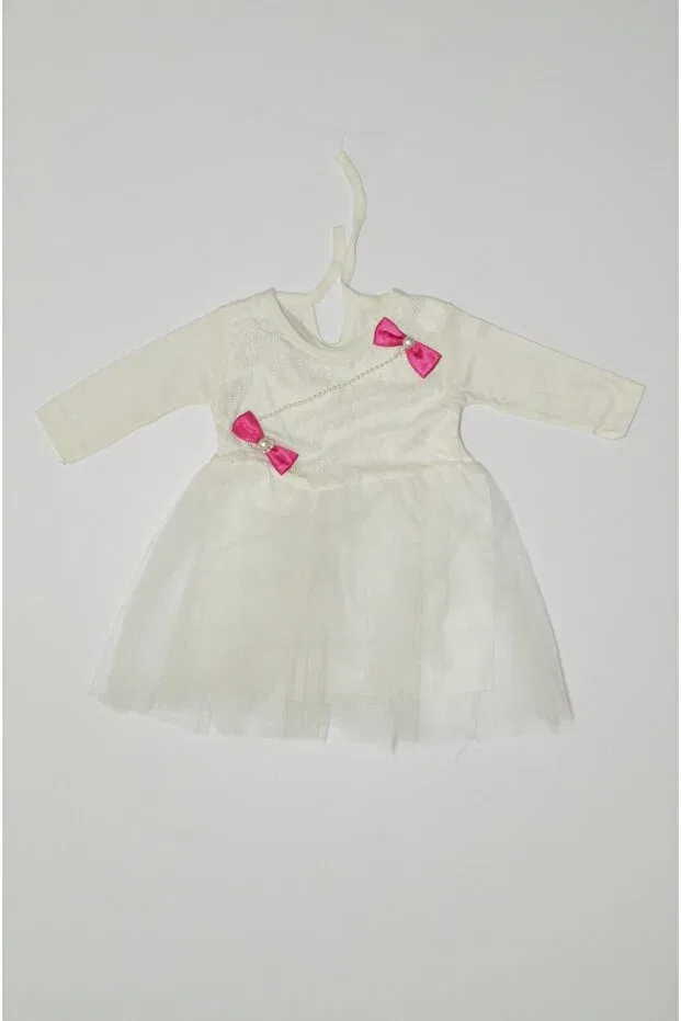 Детское платье для девочек с кружевом Seasonal long sleeve lace two bow tulle dress Baby Slon Kids Clup, White, Fuchsia