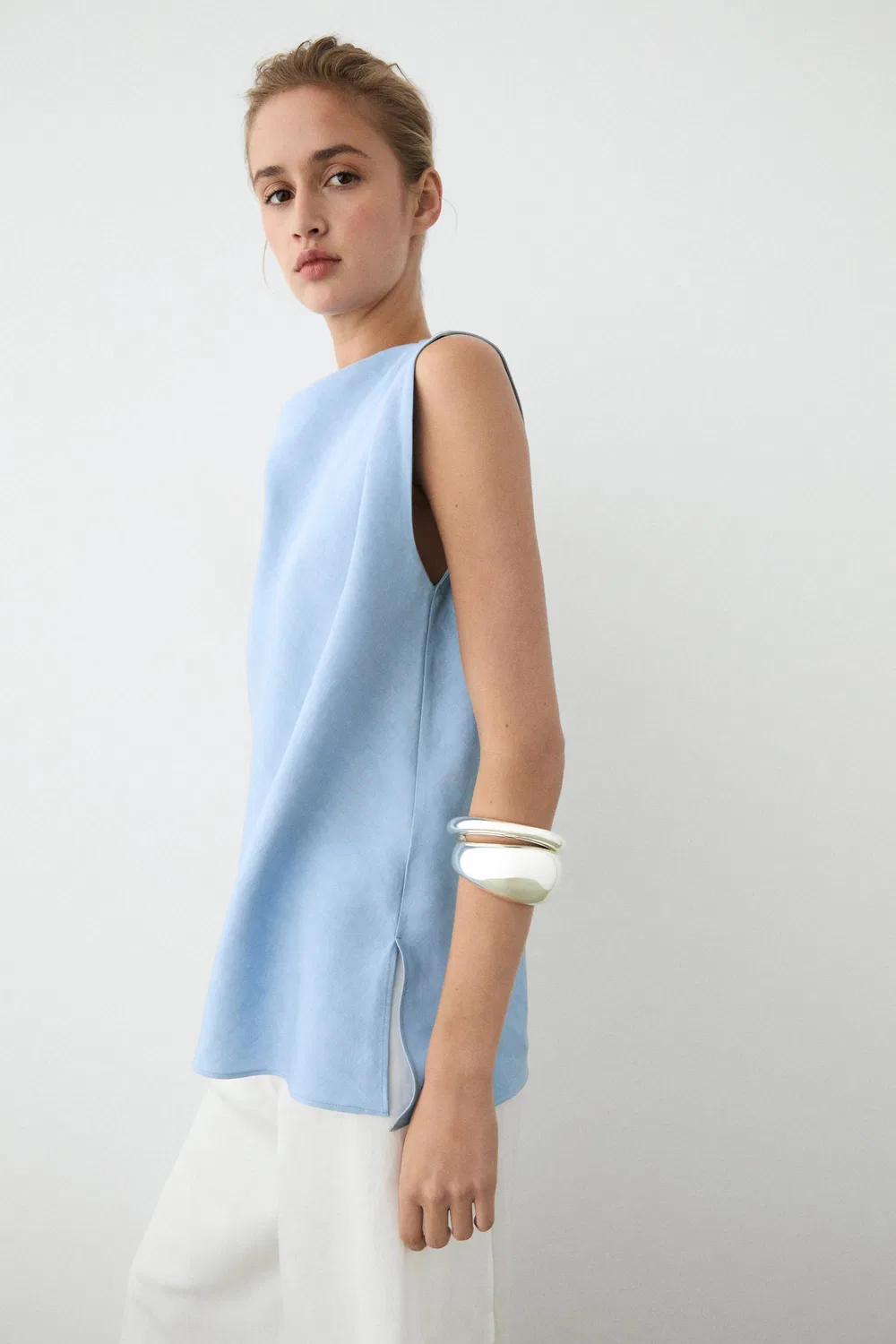 Топ Massimo Dutti Flowing Linen Blend Pleated, небесно-голубой — фото 3