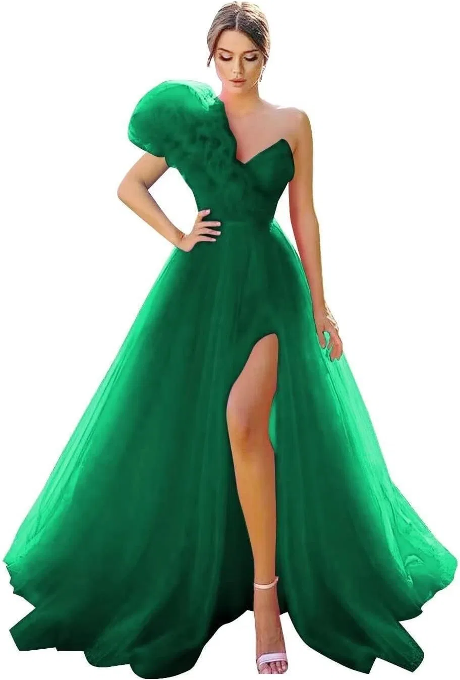 Женское вечернее платье с одним плечом из тюля A-line, Emerald Green