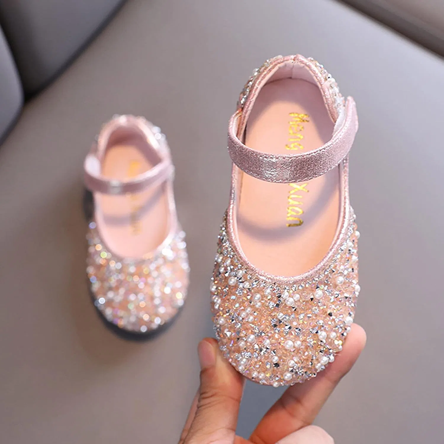 Детские балетки для девочек с принтом Mary Jane Dress Shoes Rhinestones Flower Girl Wedding Party Shoes Ballet Flats Little Girl Dress up Shoes, Pink — фото 3