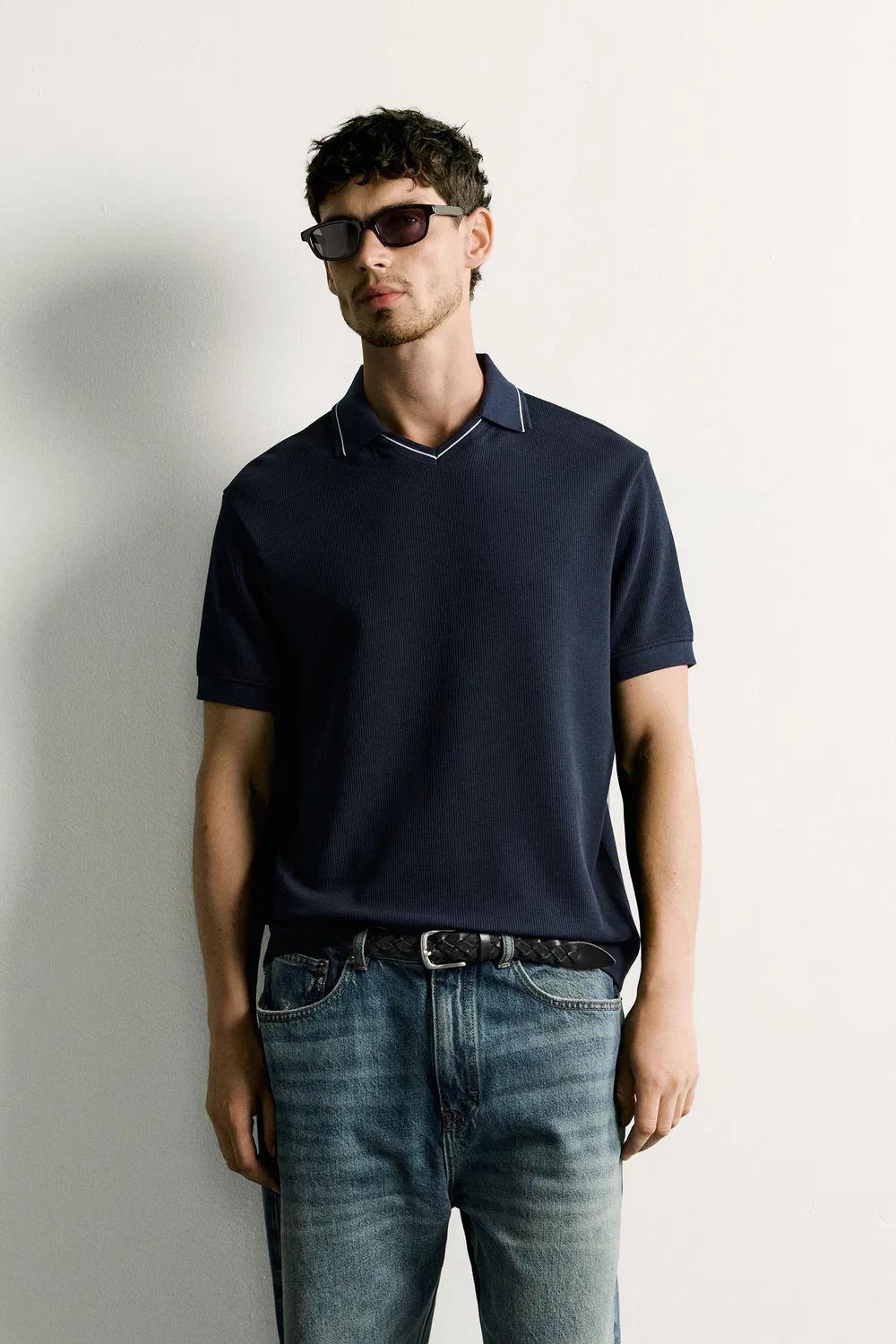Контрастная рубашка-поло стандартного кроя ZARA, Navy blue — фото 2