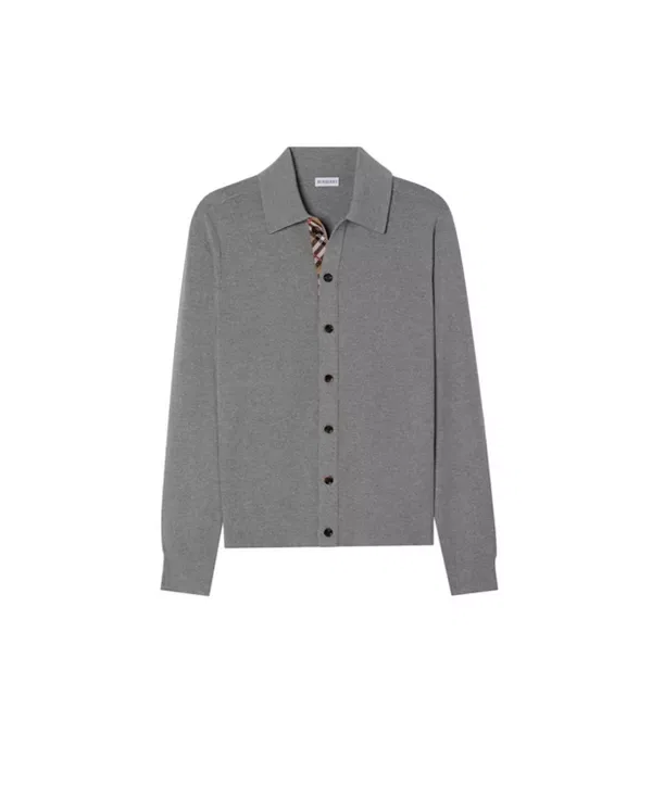 Мужской кардиган с воротником из тонкой шерсти Check Trim Burberry, серый — фото 3