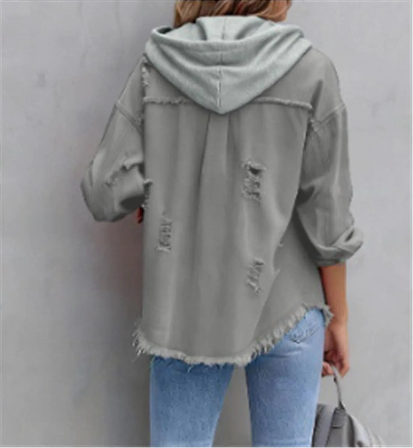 Женская джинсовая куртка с капюшоном с принтом, Light gray — фото 3