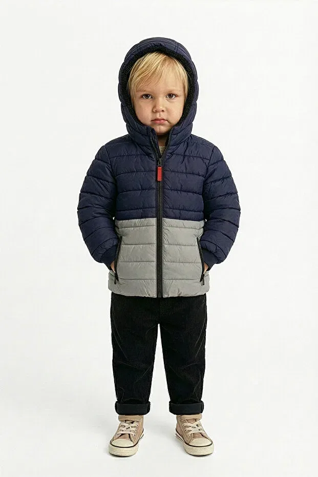 Детский зимнее пуховик для девочек с капюшоном D1Fference, Navy Blue - Gray