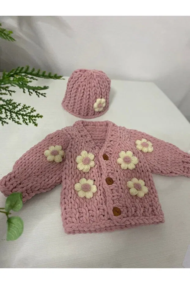 Детское пальто-кардиган с принтом Puffy cardigan beanie -knitted jacket hat Örgücü Design, Pink