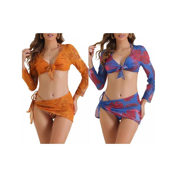 

2 комплекта женского бикини с завязками на шее, 4 предмета: топ-треугольник, низ с завязками, топ-прикрытие Inspire Chic, Blue Red Orange