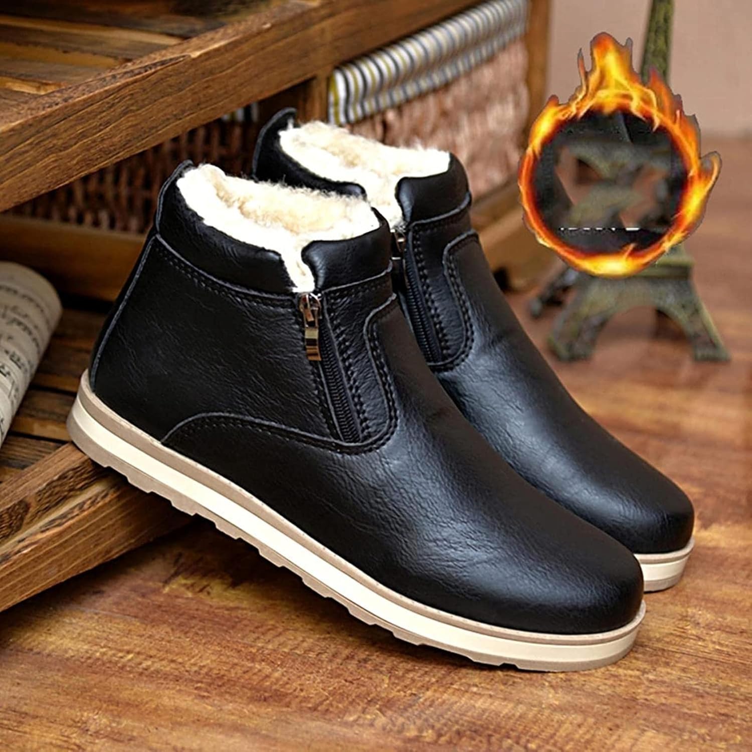 Мужские зимние высокие кожаные ботинки Yiozoi Ankle Snow, ветронепроницаемые, с двойной молнией, округлым носком, повседневные ботинки, черный — фото 3