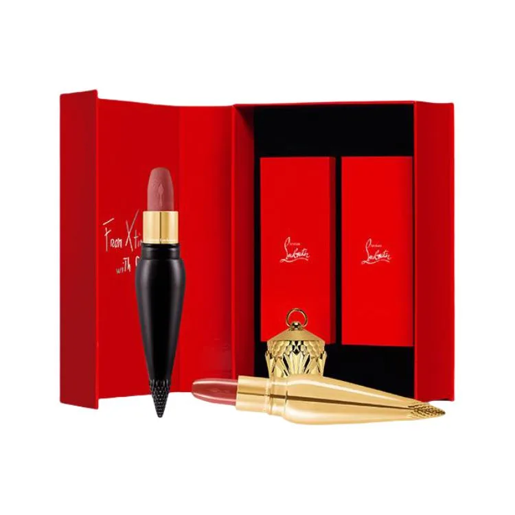 Christian Louboutin Подарочный набор CL Queen Scepter: помада и бальзам для губ в форме морковки, матовые, Two-Piece Set: #313M Pink Mist Cameo Brown Soft Matte Black Tube Lipstick+#515 Black Tea Song Hydrating Golden Tube Lipstick