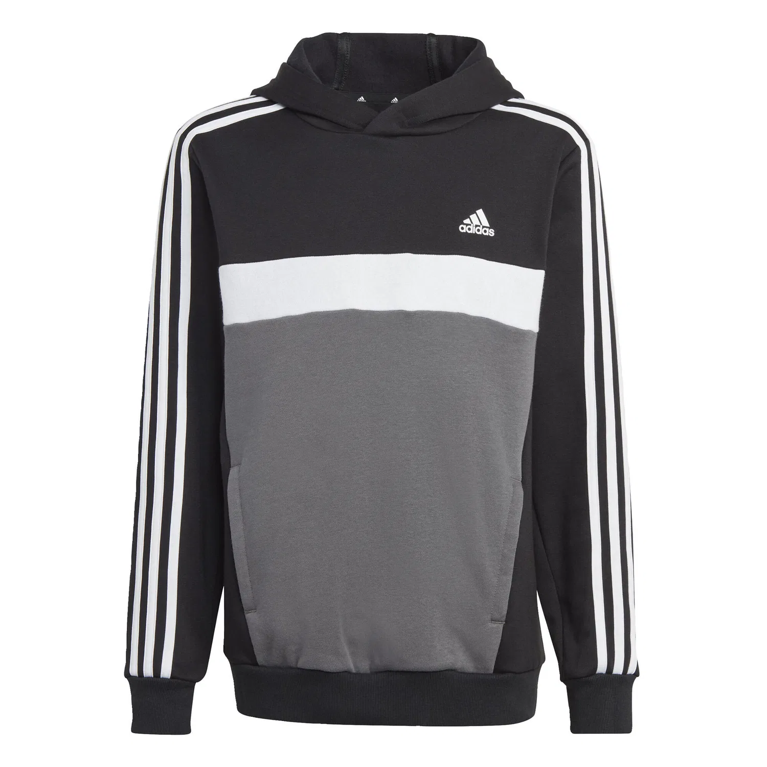 Детское худи с принтом Tiberio 3-Streifen Colorblock Kids Hoodie Adidas, Schwarz / Weiss / Grau — фото 2