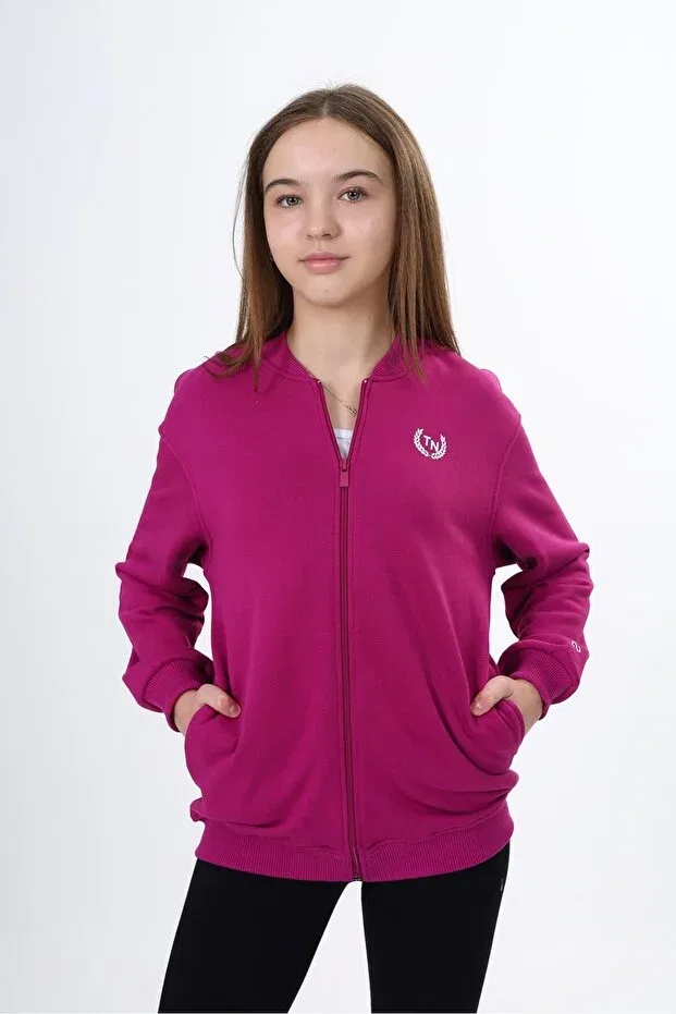 Детский кардиган для девочек с принтом Plum Girl's College Collar Zippered Pocket Low Shoulder Printed Knitted Cardigan Toontoy, Plum