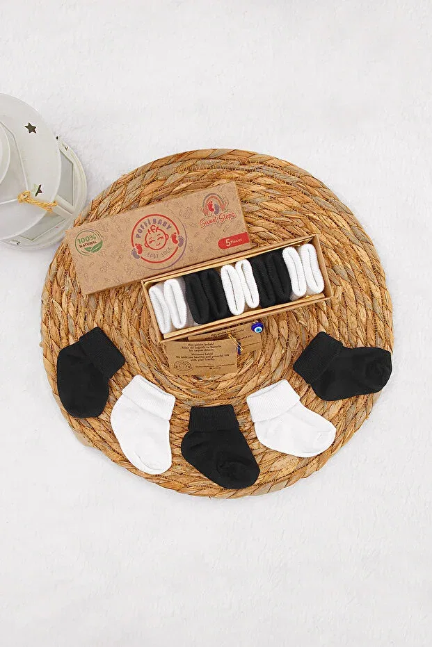 Детские носки для новорожденных хлопковые 5-парный набор Organic cotton unisex 5-piece boxed premium newborn baby socks Poffibaby, Black And White