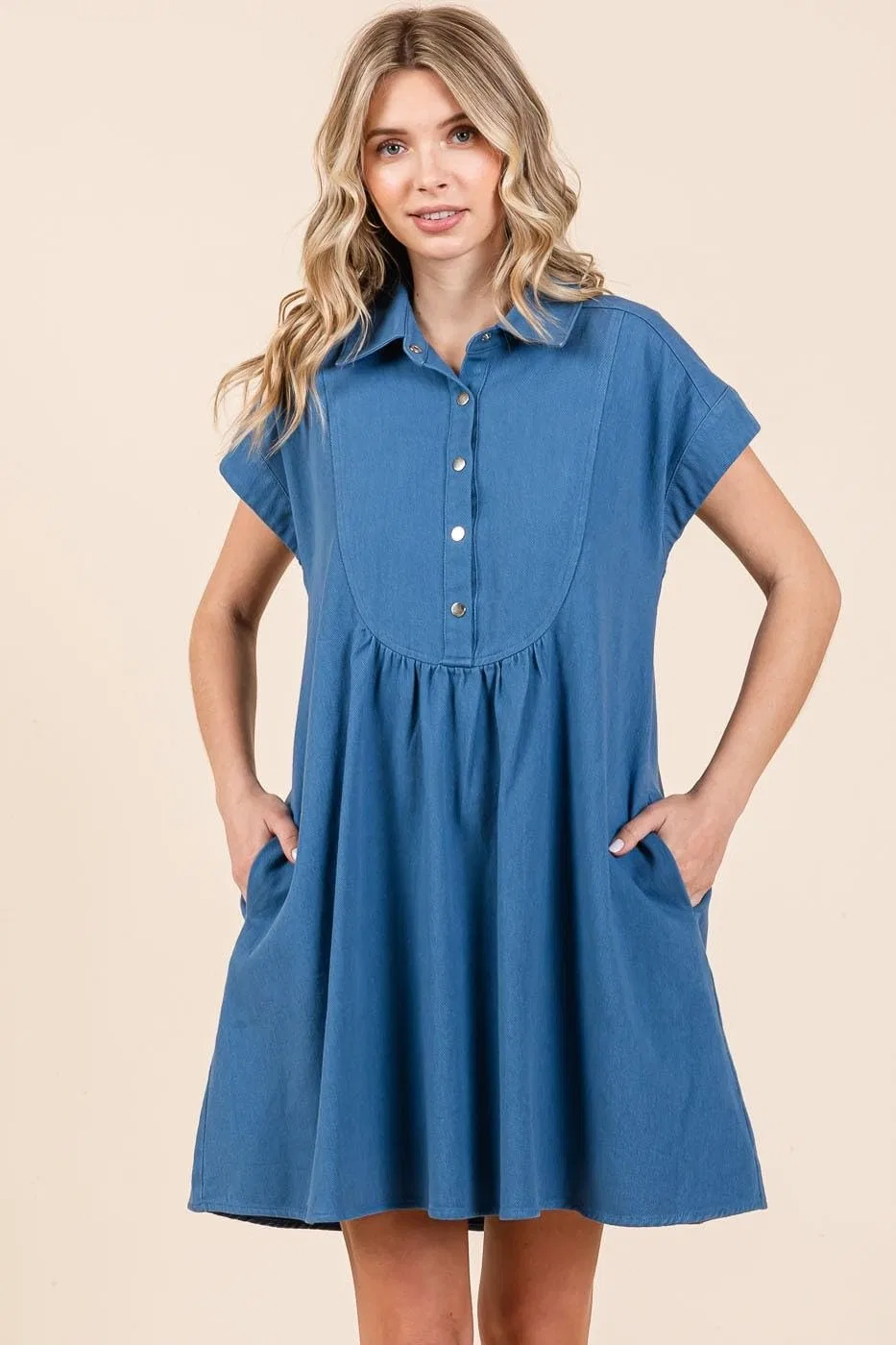 Женское мини-платье с воротником и пуговицами Twill Short Sleeve Collared Mini Dress, Denim — фото 4