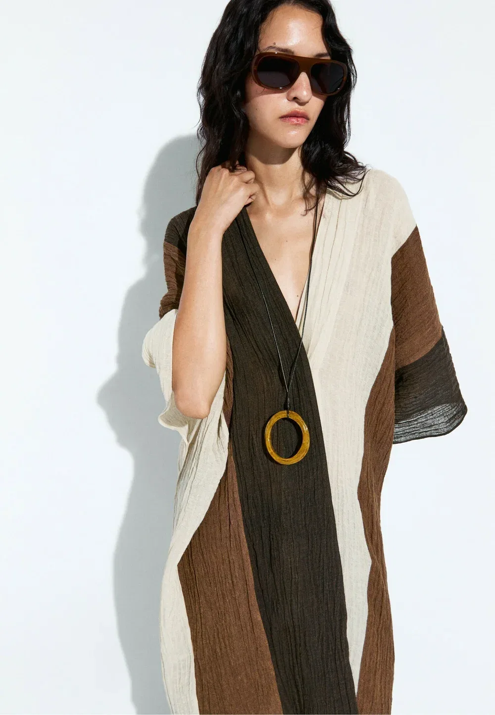 Кафтан-Накидка из фактурной трехцветной льняной смеси Massimo Dutti, Dark Brown — фото 3