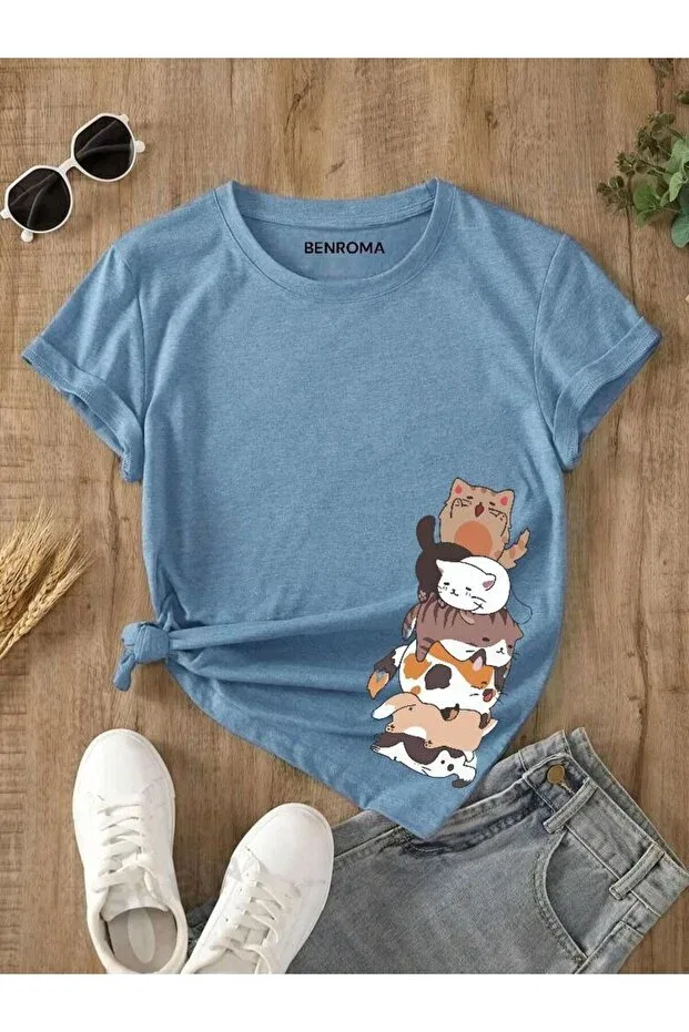 Детская футболка для девочек с принтом Cat Printed Children's T-Shirt Benroma, Babe Blue