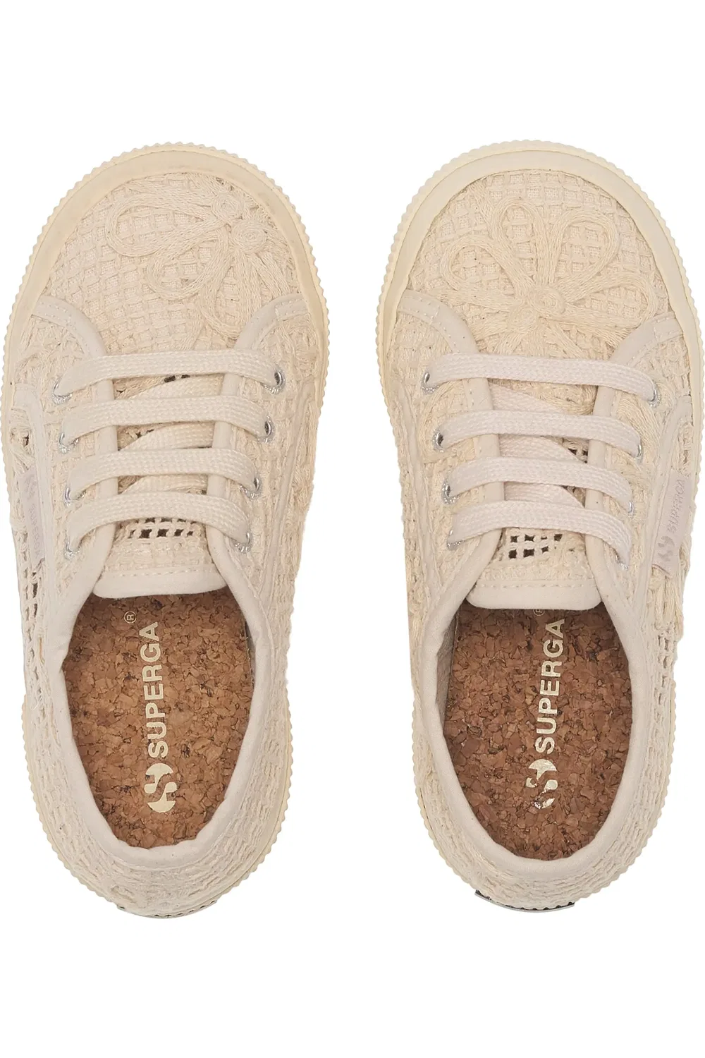 Кроссовки детские на шнуровке с цветочным кружевом 2750 Superga, Beige Raw-Off White — фото 4