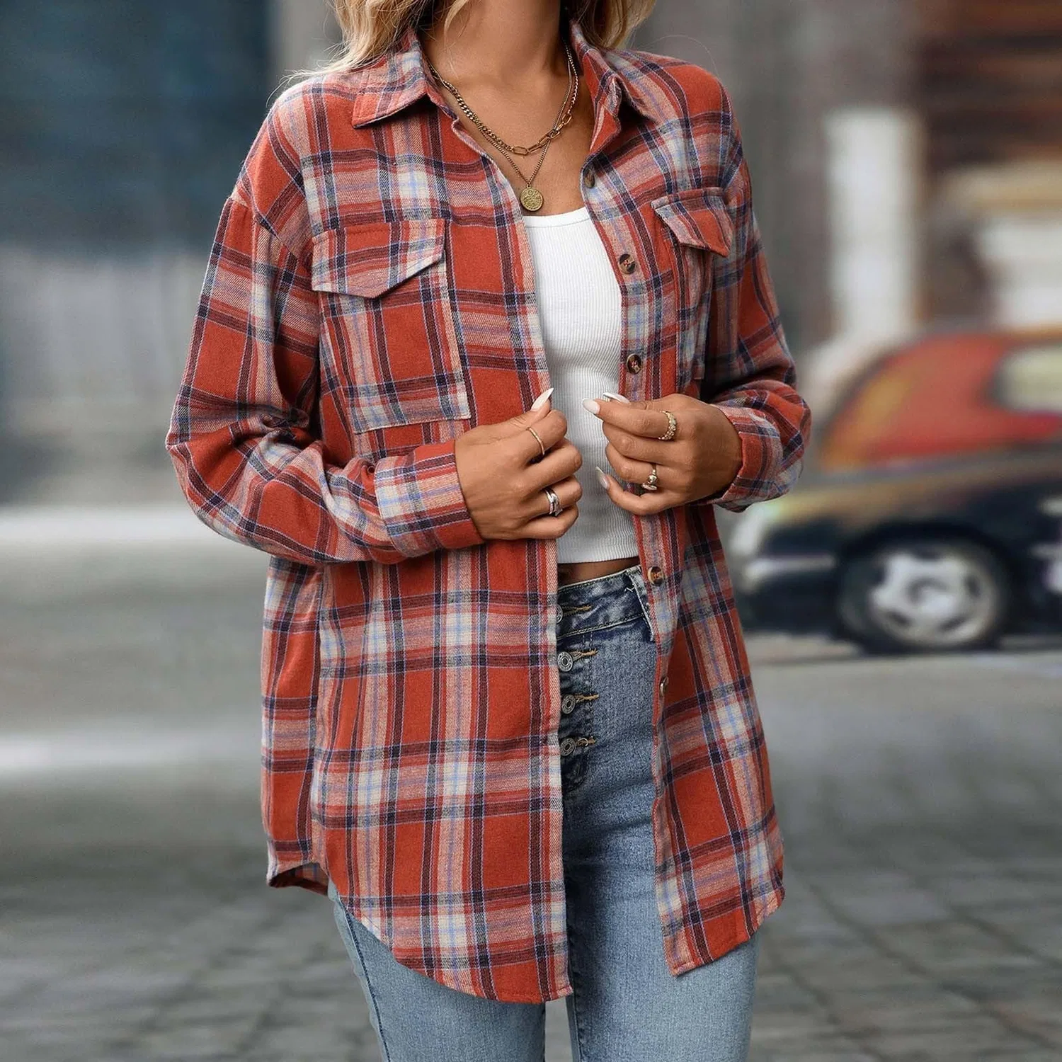 Женская рубашка-жакет с принтом в клетку, модель Plaid Flannel Shirts, Red — фото 2