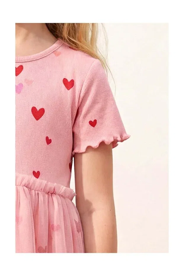 Детское платье для девочек хлопковое Girl'S cotton pink heart printed tulle dress Magu, Pink — фото 3