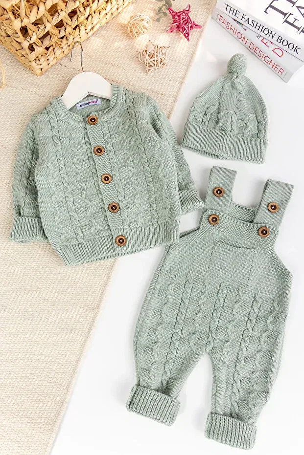 Детский комбинезон для мальчиков с принтом Knitwear cardigan 3-piece adjustable strap knitted baby boy salopet jumpsuit set Babymod, Green
