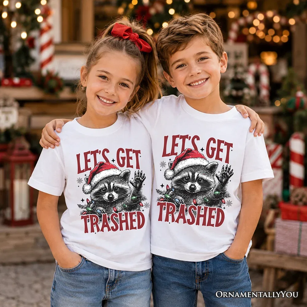 Детская футболка с принтом Let’s Get Trashed Christmas Raccoon OrnamentallyYou, White — фото 4