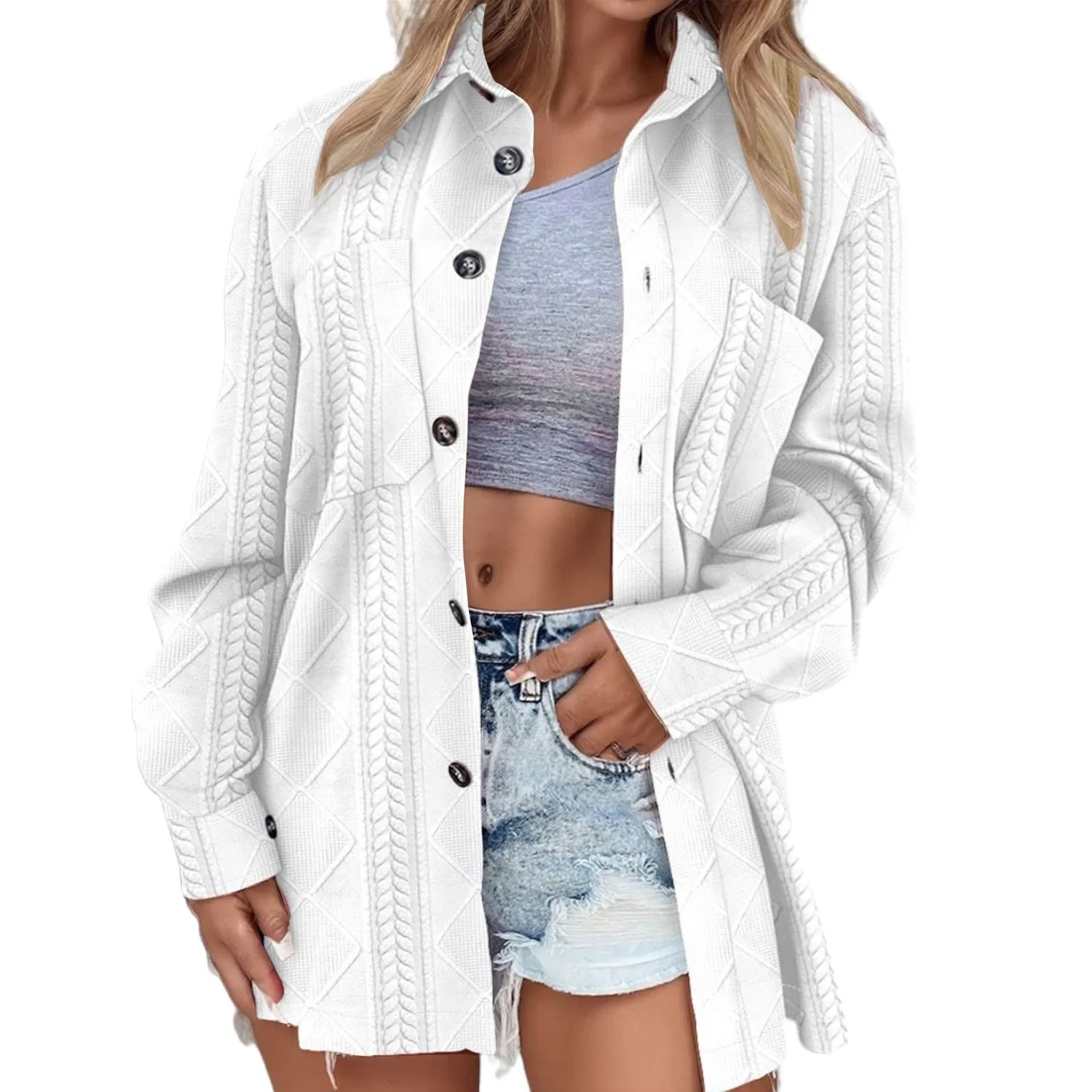 Женское пальто с принтом Cardigan in Maglia con Bottoni sul Davanti e Revers, Bianco