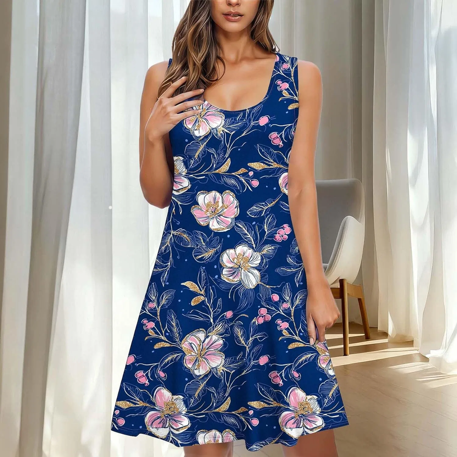 Женское летнее платье миди A-силуэта Beach Floral Dress, Navy — фото 2