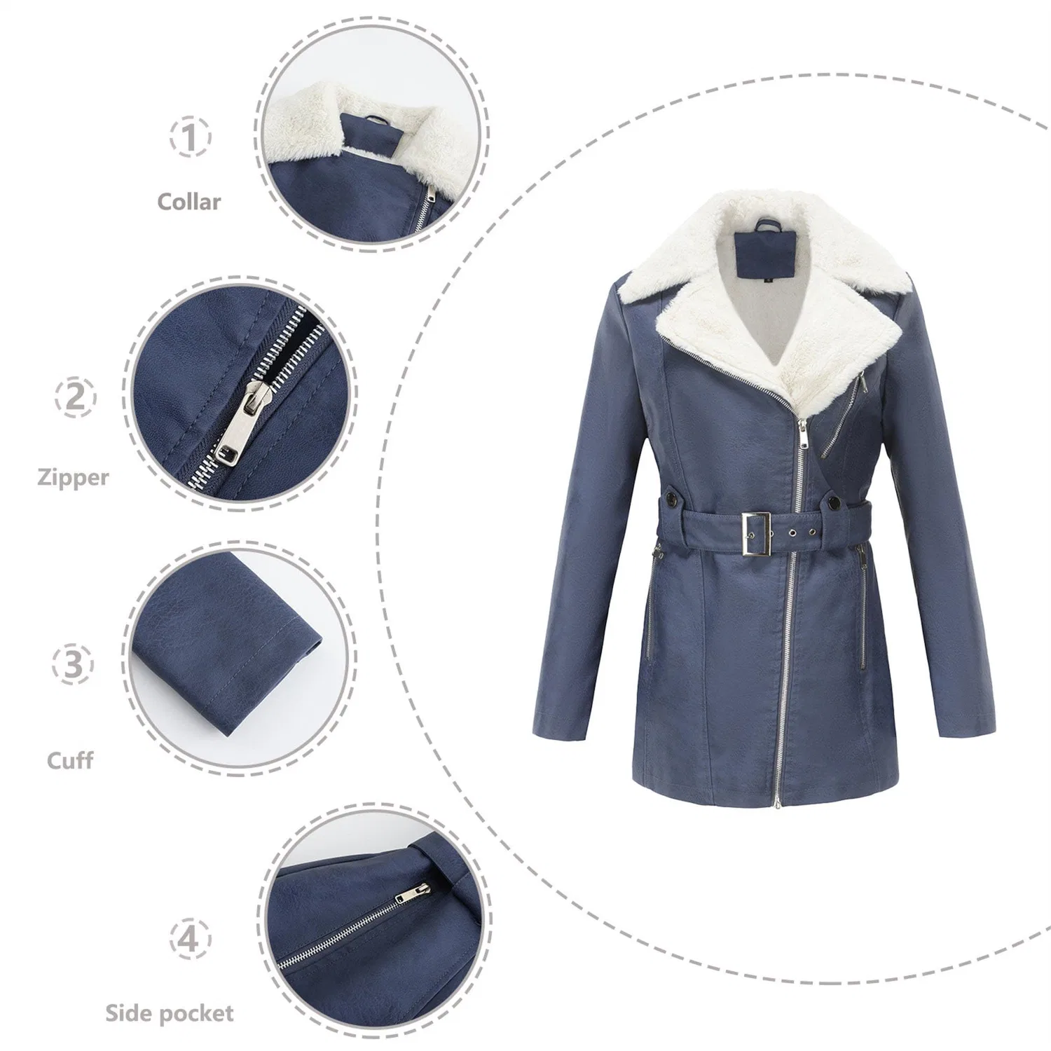 Женское пальто из экокожи с молнией, средняя длина, на подкладке из флиса, slim fit, Blu — фото 4