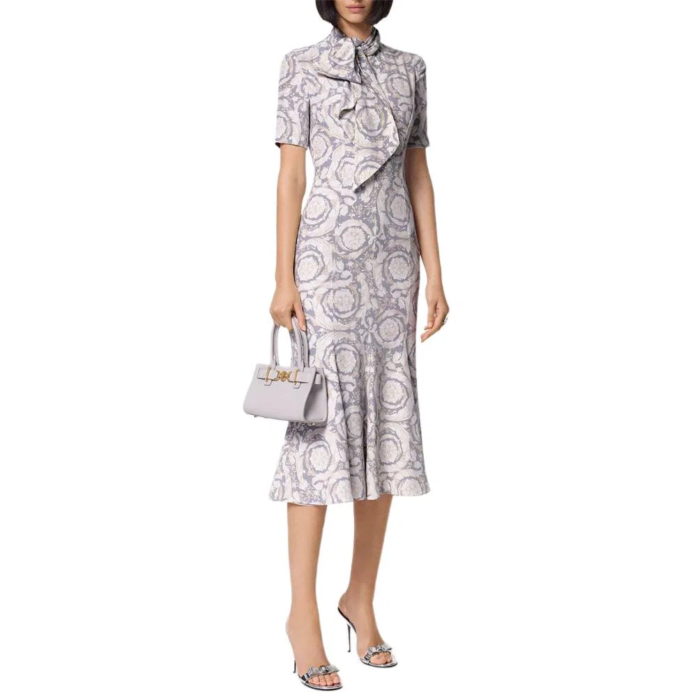 Женское платье миди с шарфом-галстуком Barocco Lavallière VERSACE, Blue Gray — фото 3