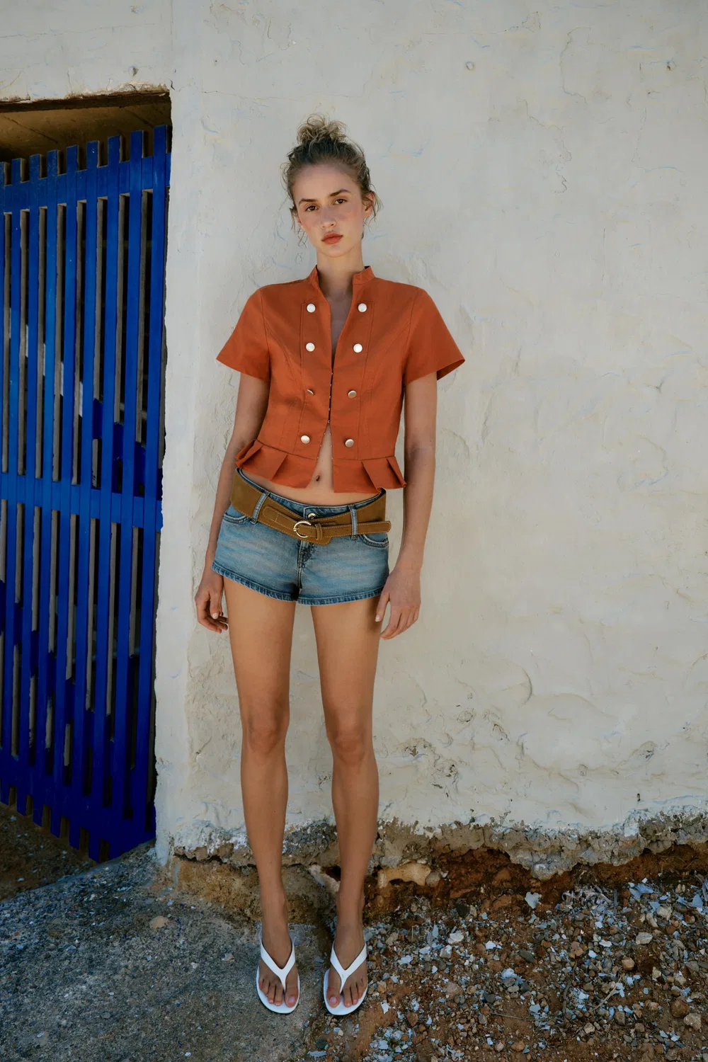 Футболка с короткими рукавами и пуговицами ZARA, Terracotta