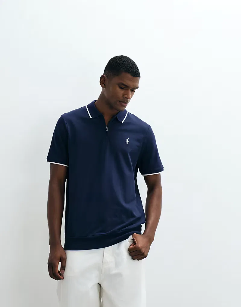 Вязаная рубашка-поло Polo Ralph Lauren с застежкой-молнией до середины груди, стандартного кроя, темно-синий — фото 4