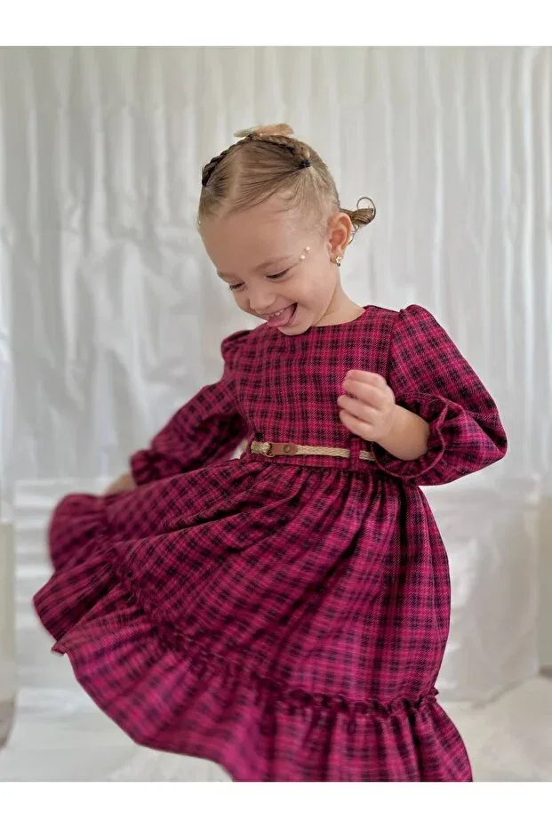 Детское платье для девочек с принтом Plaid girl's dress with plush vest Cherrys Bebek, Dark Pink — фото 3