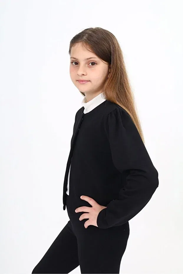 Детский вязаное кардиган с круглым вырезом и пуговицами, модель Black girl's crew neck a-line buttoned knitted cardigan - unlined & 2 thread, Toontoy, Черный — фото 3