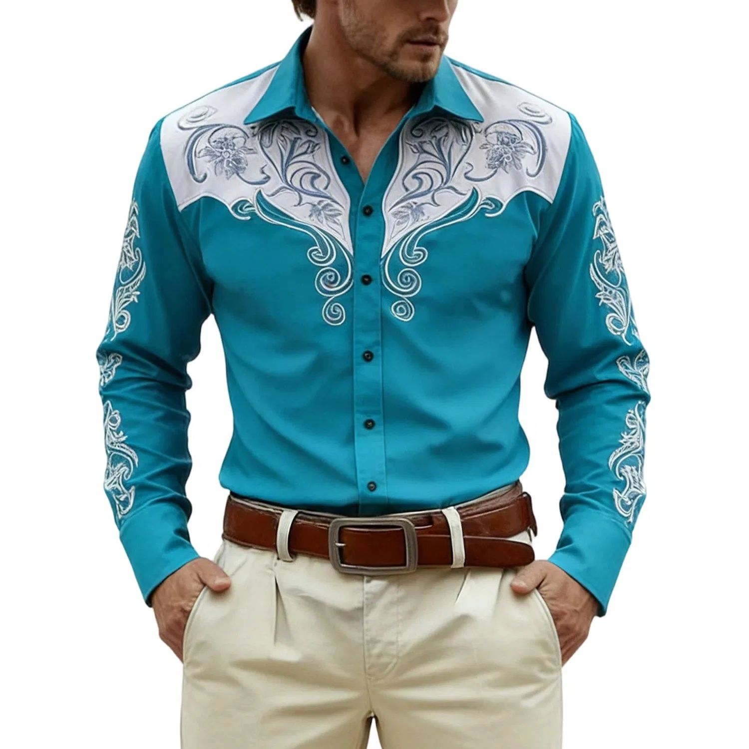 Мужская рубашка с длинным рукавом с вышивкой Cowboy Shirt Retro Vintage, #016-light Blue