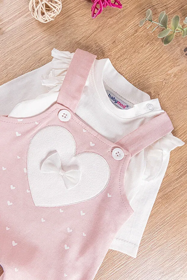 Детский комбинезон для девочек хлопковый с принтом Heart Patterned Bow Babymod, Powder — фото 3