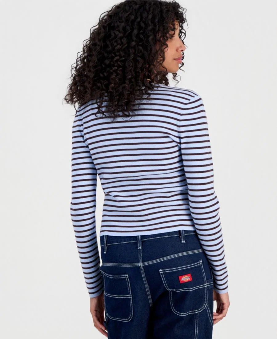 Кардиган с v-образным вырезом и полоской, модель Striped Ribbed Cardigan Hooked Up by IOT, Blue Brown Stripe — фото 2
