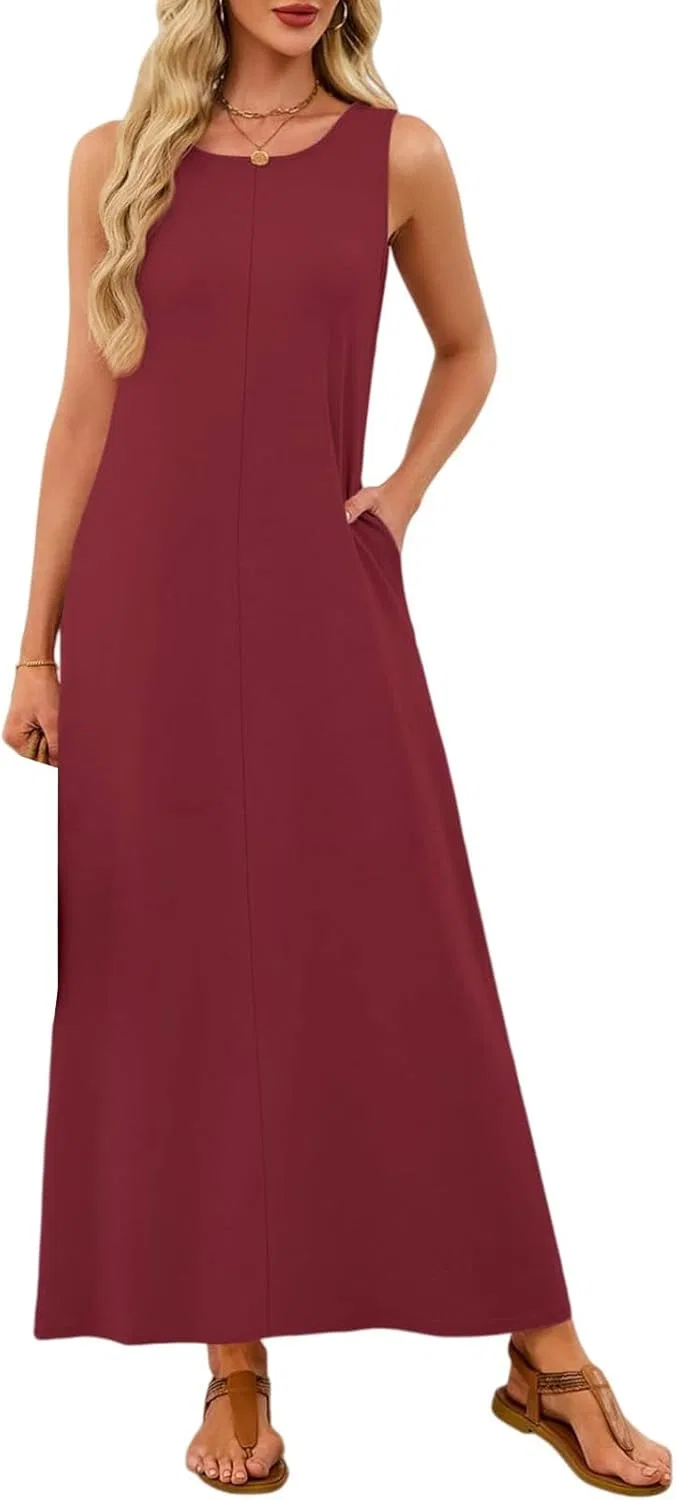 Женское летнее платье макси A-силуэта, Wine Red