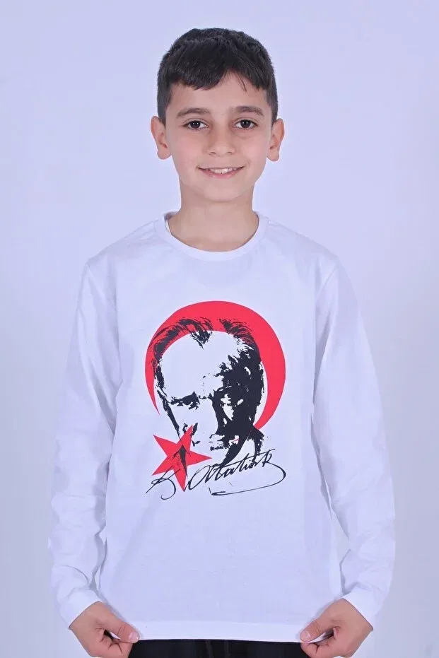 Детские свитшот для девочек с принтом Ataturk-Crescent and star printed boys-girls sweatshirts Ya Ko Kids, White-Red — фото 3